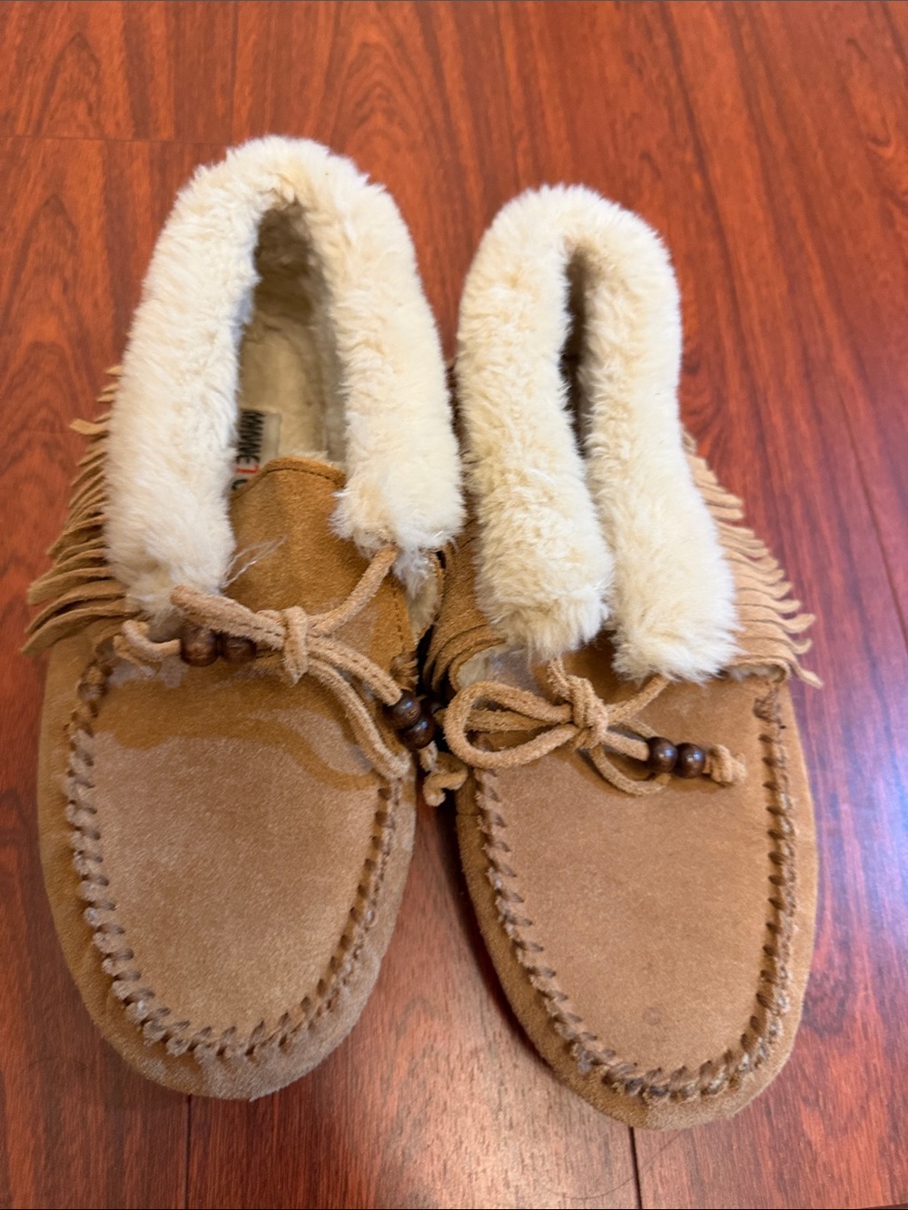 Minnetonka Faux Fur Trim Suede Moccasin Slippers - Chestnut